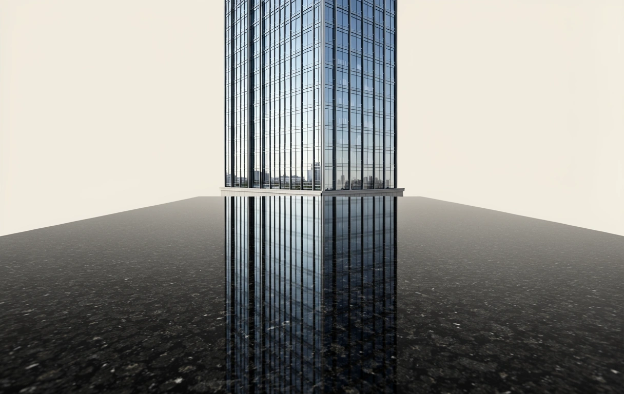 Estructura arquitectónica moderna reflejada